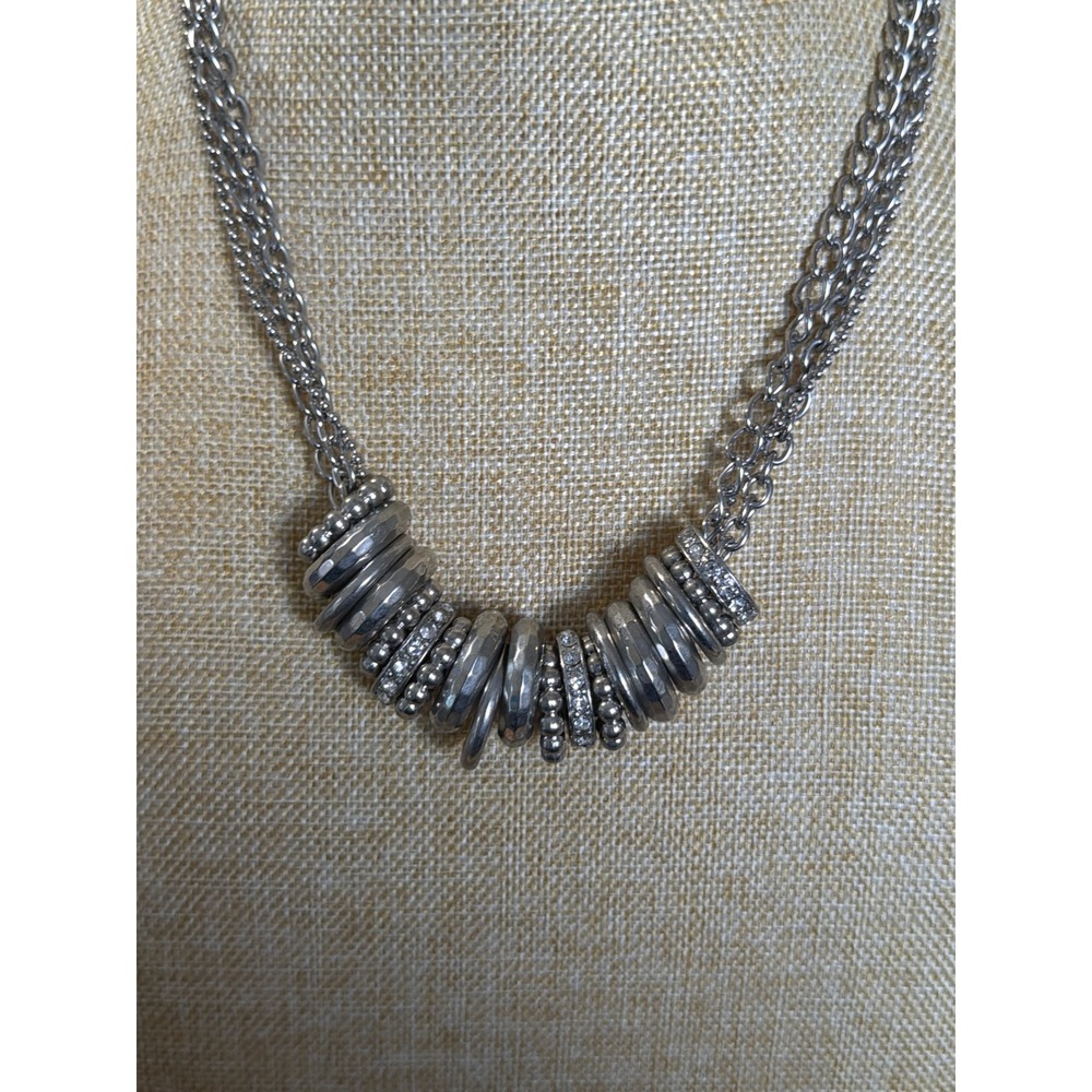 Silver Tone Multi Strand Layered Statement Necklace Mixed Rings Crystal Accents - Picture 2 of 7
